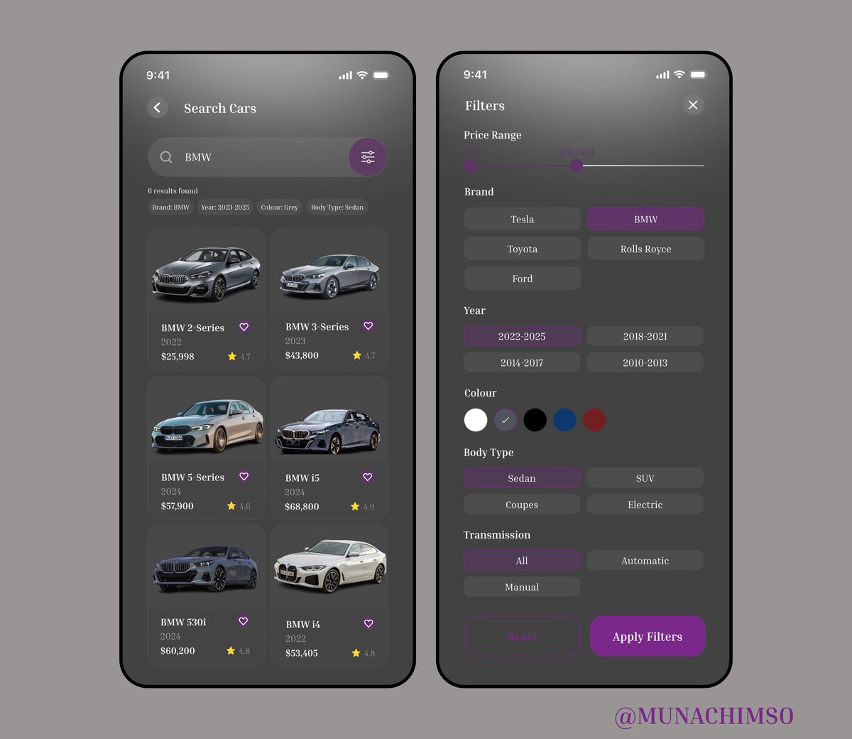 munale_'s tweet image. Day 6 design update✨️ Designed a car search feature for AutoMuse with 2 key screens: Search Results &amp;amp; Filter Options. Users can refine their search by price range, brand, year, colour, body type, and transmission.  #DesignInProgress #CarApp #DIP