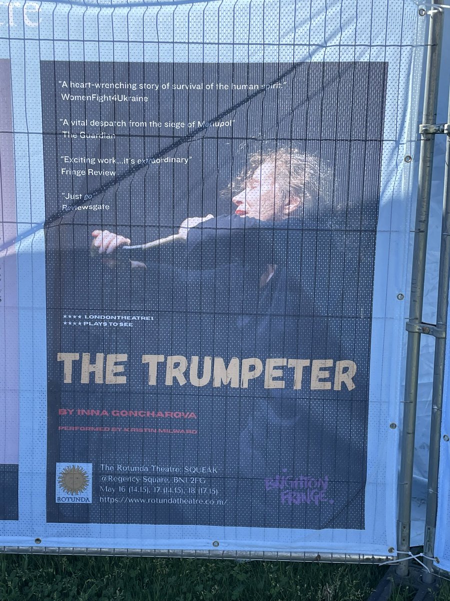 In Brighton today for “The Trumpeter”, an extraordinary solo show from Kristin Milward, written by #Ukrainian Inna Goncharova, inspired by the terrible events in #Mariupol in 2022. 
Tickets £12 / £10 conc
14.15 Fri 16 May
14.15 Sat 17 May
17.15 Sun 18 May 
brightonfringe.org/events/the-tru…