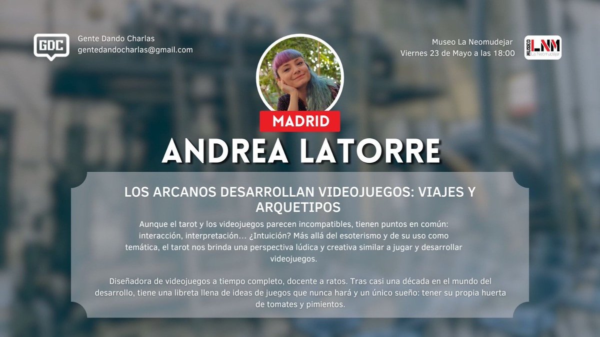 Gente Dando Charlas (@gdc_charlas) on Twitter photo ✨GENTE DANDO CHARLAS✨
📍La Neomudejar (Madrid)
📆 23 de Mayo a las 18:00
ENTRADA LIBRE DE AFORO
Abrimos el evento con la ponencia de <a href="/RoronoaCherry/">𝙰𝚗𝚍𝚛𝚎𝚊 𝙻. 🍉</a>, nuestra diseñadora favorita. En esta charla exploraremos cómo se relacionan el tarot y los videojuegos. ✨GENTE DANDO CHARLAS✨
📍La Neomudejar (Madrid)
📆 23 de Mayo a las 18:00
ENTRADA LIBRE DE AFORO
Abrimos el evento con la ponencia de <a href="/RoronoaCherry/">𝙰𝚗𝚍𝚛𝚎𝚊 𝙻. 🍉</a>, nuestra diseñadora favorita. En esta charla exploraremos cómo se relacionan el tarot y los videojuegos.