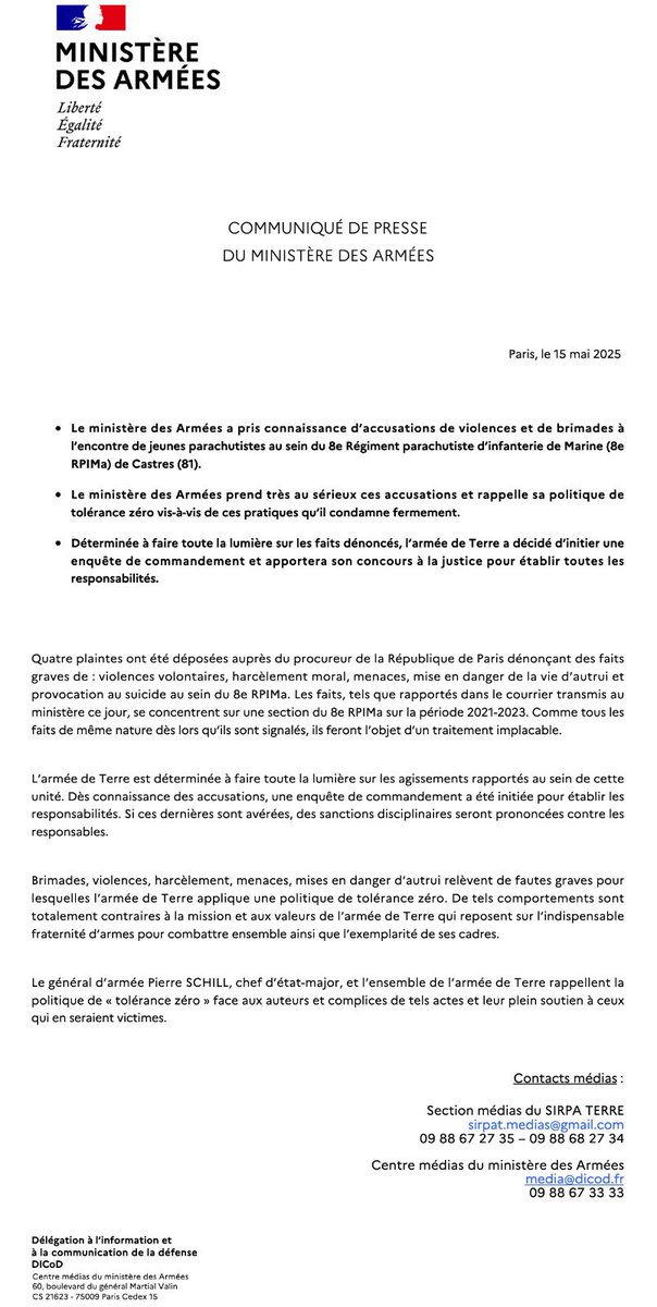 Armees_Gouv's tweet photo. Suite aux accusations portées à la connaissance du ministère des Armées concernant des faits présumés survenus au sein d'une section du 8e Régiment de parachutistes d'infanterie de marine, une enquête est initiée par l’@armeedeterre. ⤵️ https://t.co/0GLz3FaSkG