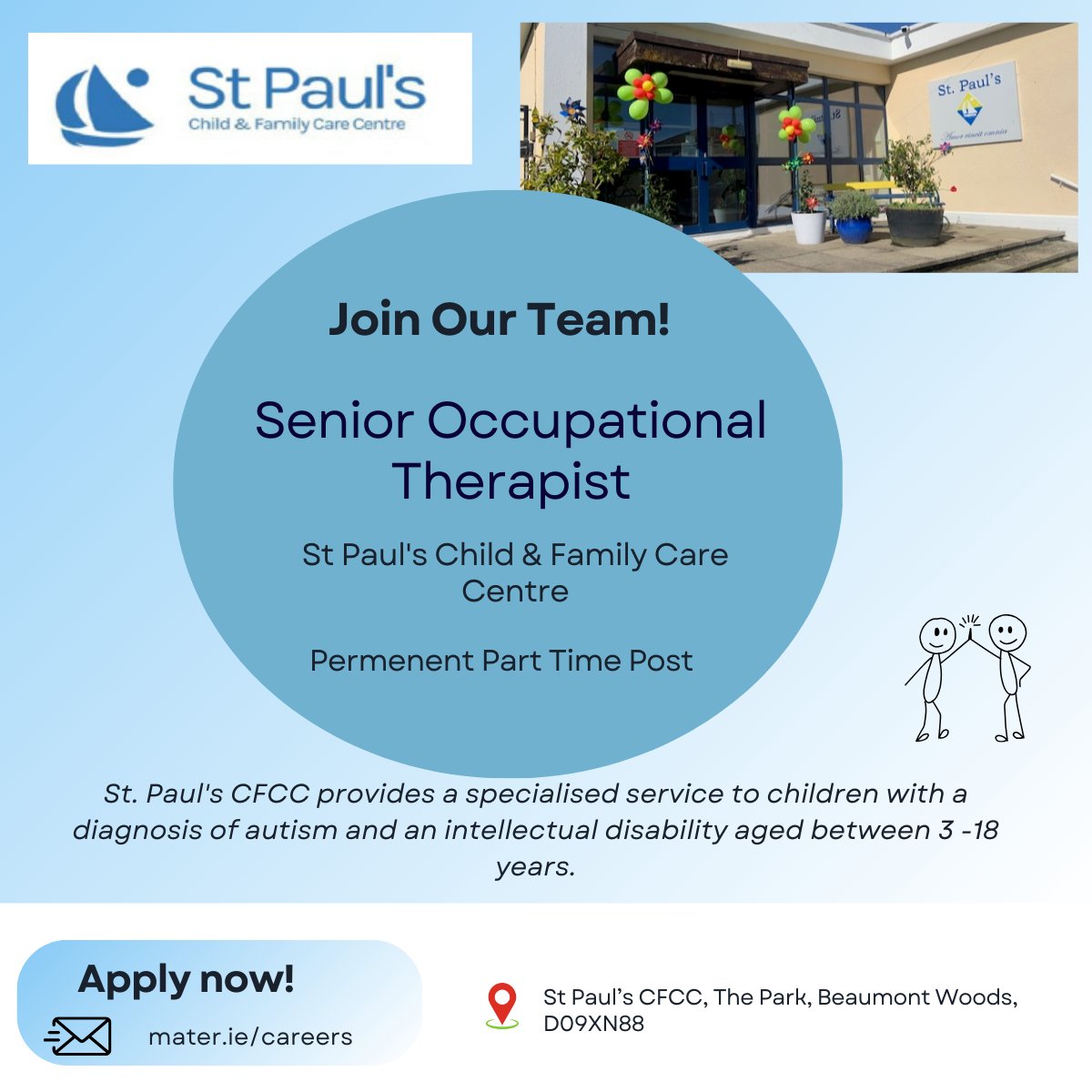 St Paul's Child and Family Care Centre are hiring a Senior Occupational Therapist- Part Time! 
For more details about this role or to apply, click here rezoomo.com/job/79778/