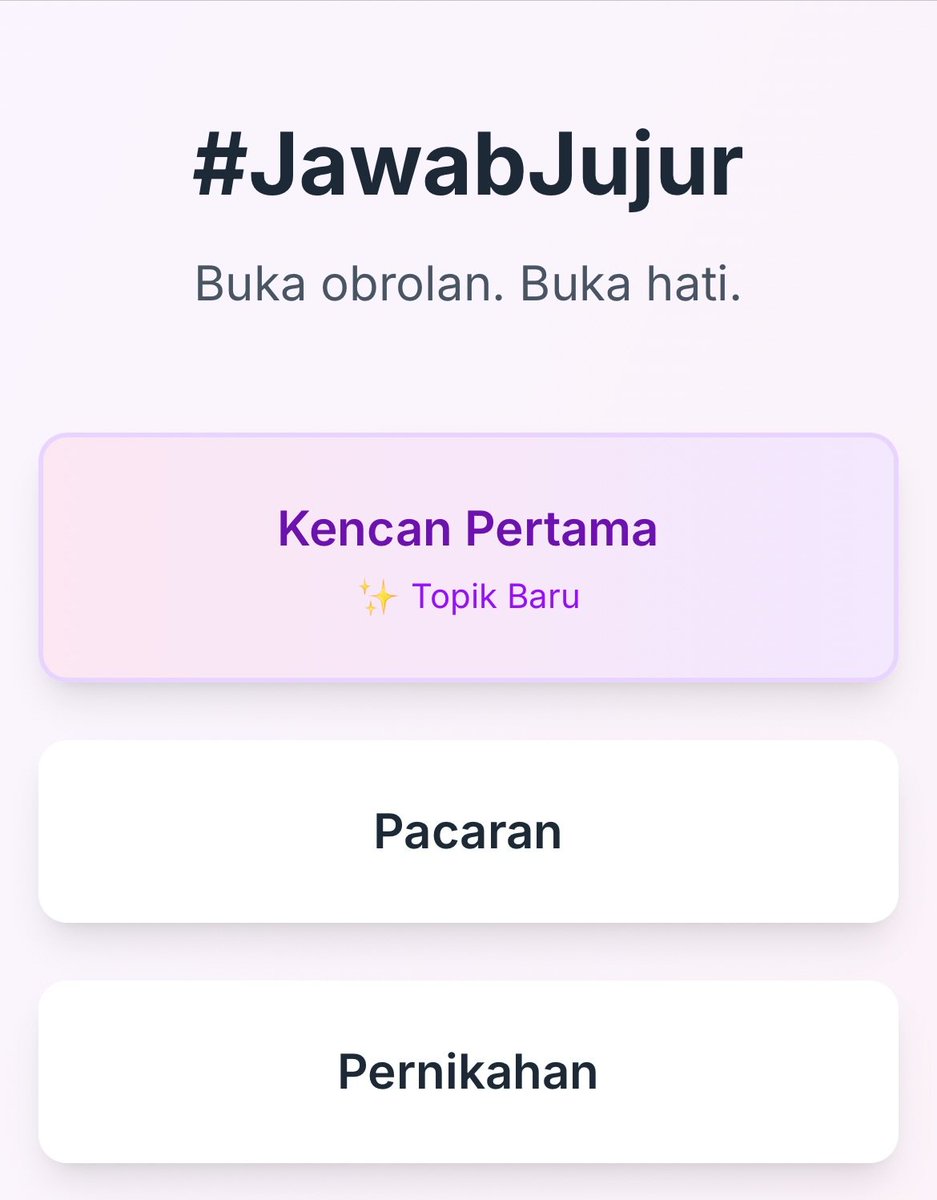 Fun Project terakhir di usia 28 tahun!

Ini adalah conversation cards kayak tentangK*ta tapi online dan ((semoga bisa terus)) GRATIS.

Ada beberapa topik kayak kencan pertama, pacaran, pernikahan dan lainnya.

Kalau rame dan ((ada waktu)), topik &amp; pertanyaan akan ditambah terus.