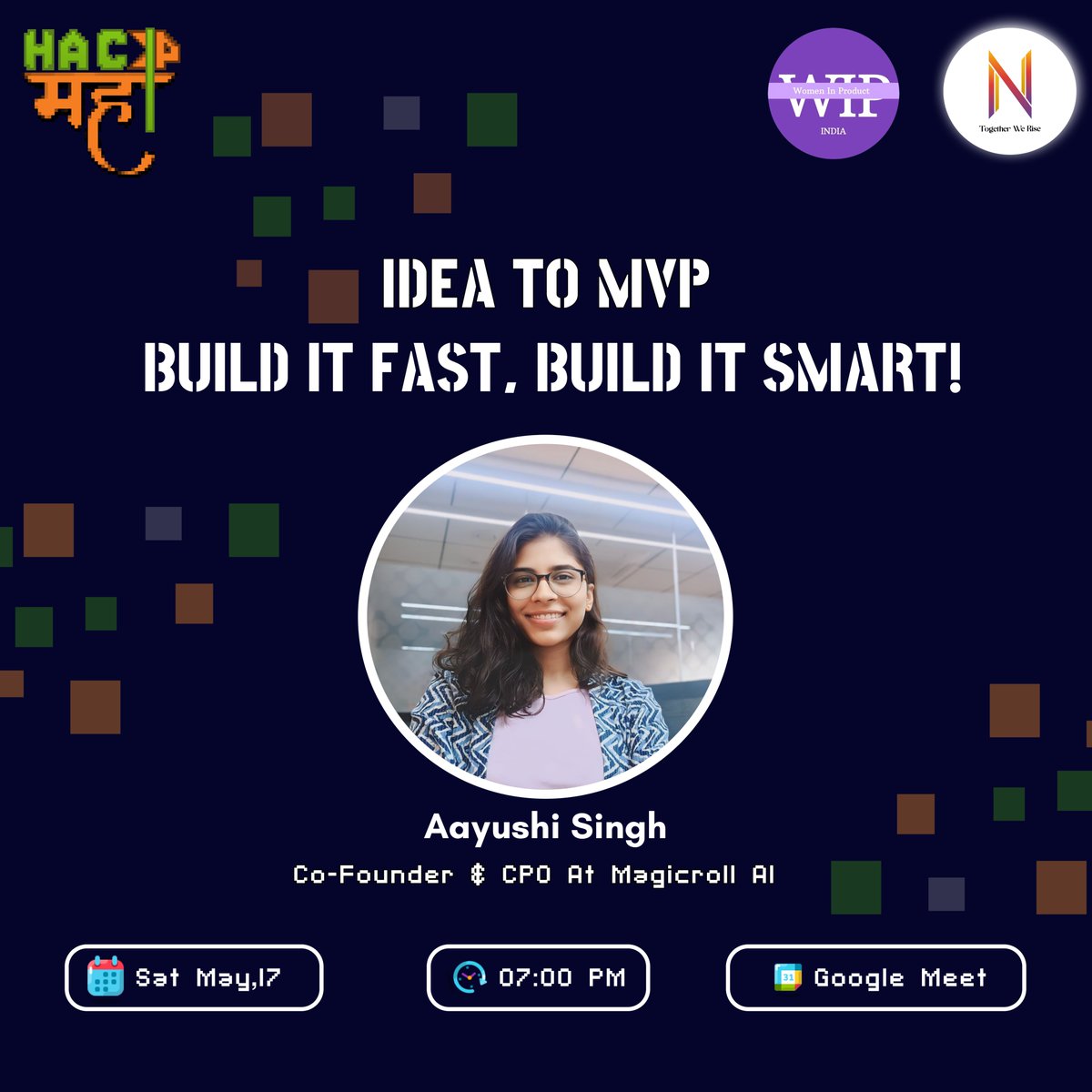 Hack4Maha's tweet image. Excited for #Hack4Maha!
Join Aayushi Singh (Co-founder, @magicrollAI ) on 17 May, 7–9 PM IST for insights on building MVPs that win.
Live Q&A + quiz with prizes!
Register: lu.ma/jkovsn5c
#NariNexus #magicrollai  @Dev_Fadnavis @CMOMaharashtra @nitin_gadkari