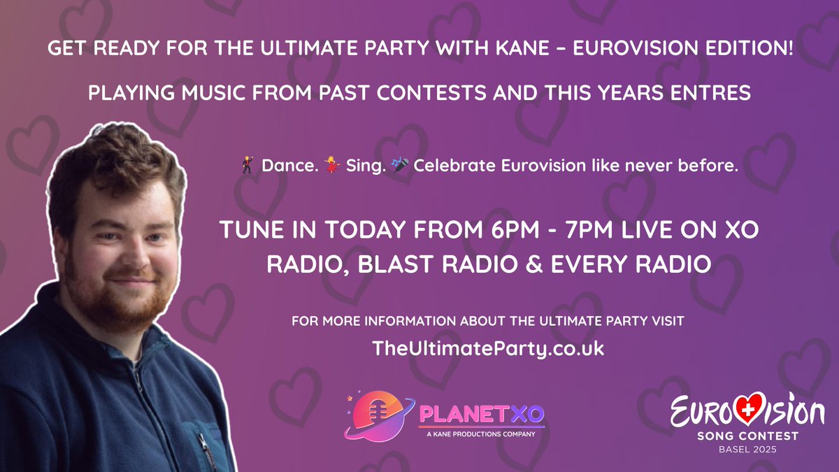 Todays Ultimate Party with Kane goes all Eurovision. Playing songs from past contests and this years songs.

Tune in from 6PM - 7PM, Broadcasting live from Manchester xoradio.uk