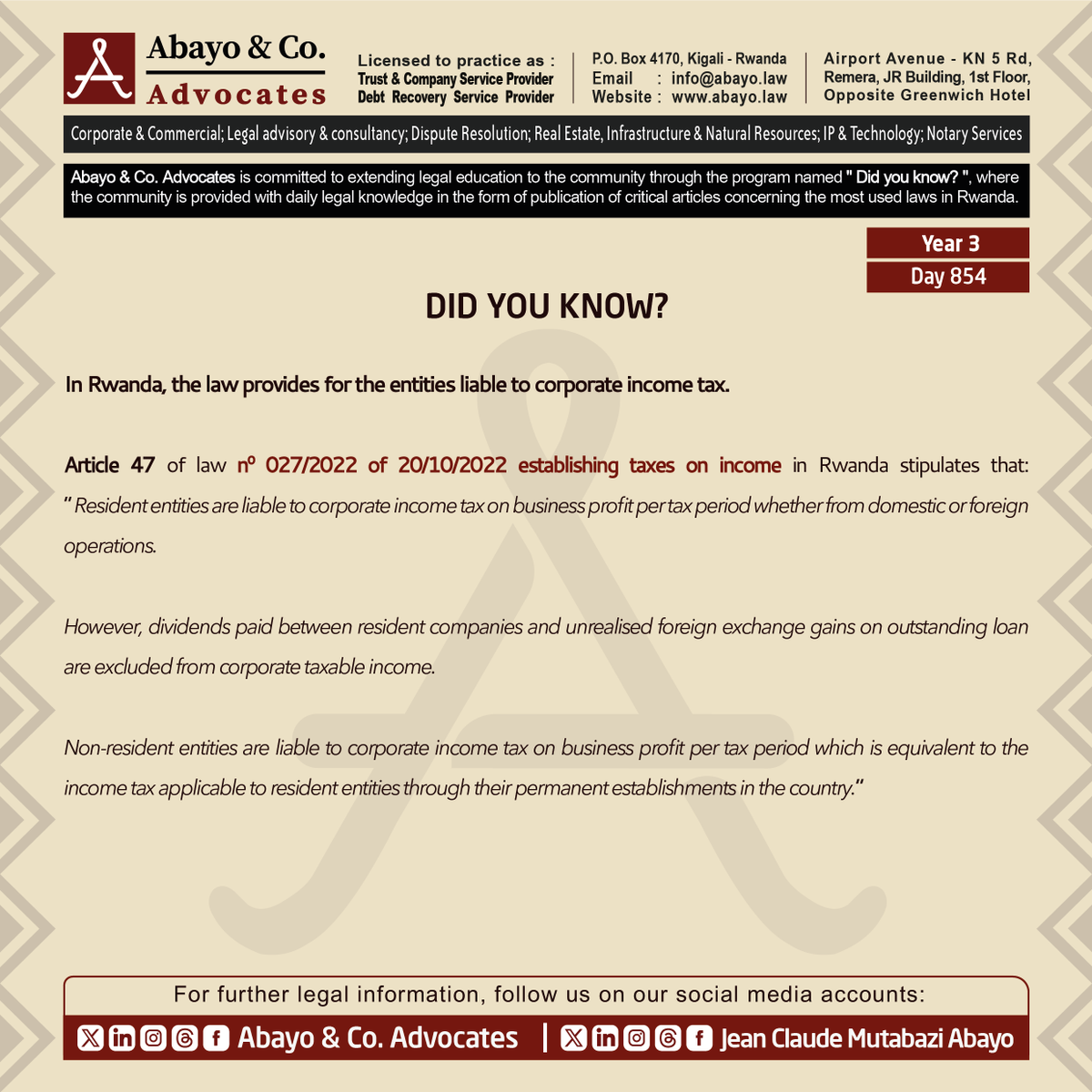 ◉  Are you aware of the entities liable to corporate income tax?

This is what the law provides ⤵️ 

#ReadtoKnowtheLaws #SomaUmenyeAmategeko #TumenyeAmategekoAtugenga #bestlawfirminrwanda #bestlawyersinrwanda #Lawyersnearme #law #Rwanda #Rwandan #Rwandans #kigali #RwOT