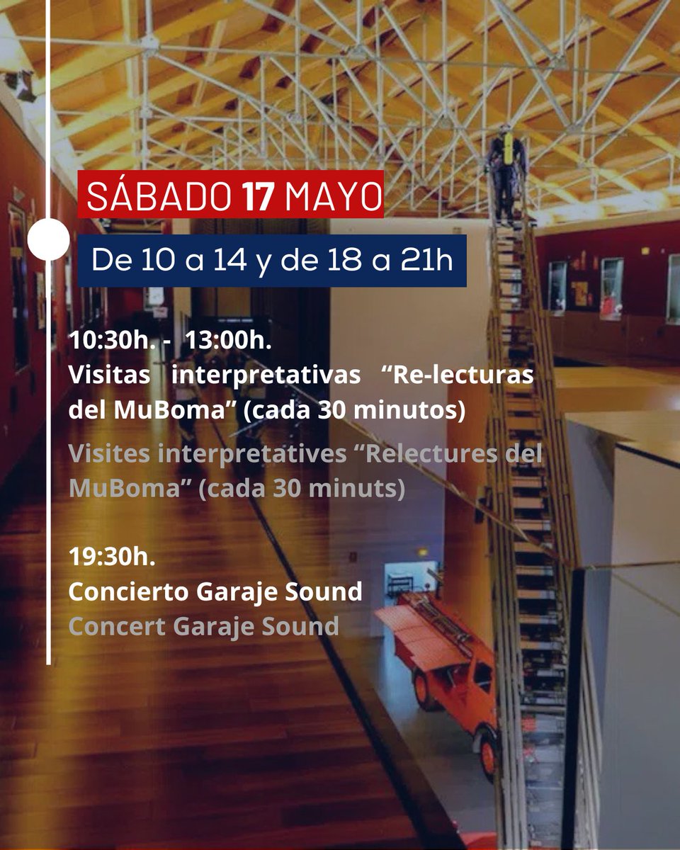 MUBOMA's tweet photo. 📅 Sábado 17 de mayo
Ven a disfrutar de las "Re-lecturas del MUBOMA", visita guiada y concierto por la tarde.
¡Un día para redescubrir el museo con nuevos ojos!
#muboma #museo #bomberos #museu #bombers #alcoy #alcoi https://t.co/Oxck7WsNBH