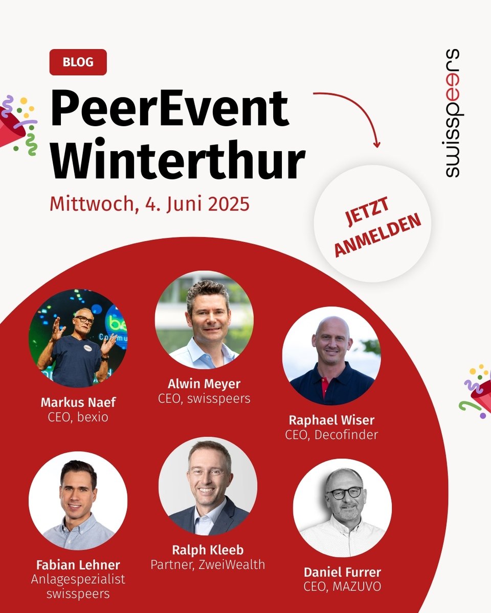 Am 4. Juni 2025 findet der jährliche Flagship-Event der swisspeers Community statt - der PeerEvent Winterthur. Investierende, Unternehmer und Interessierte kommen zusammen, um sich über #DirectLending, Finanzierungs- und Investitionsthemen auszutauschen. Nutzen Sie die