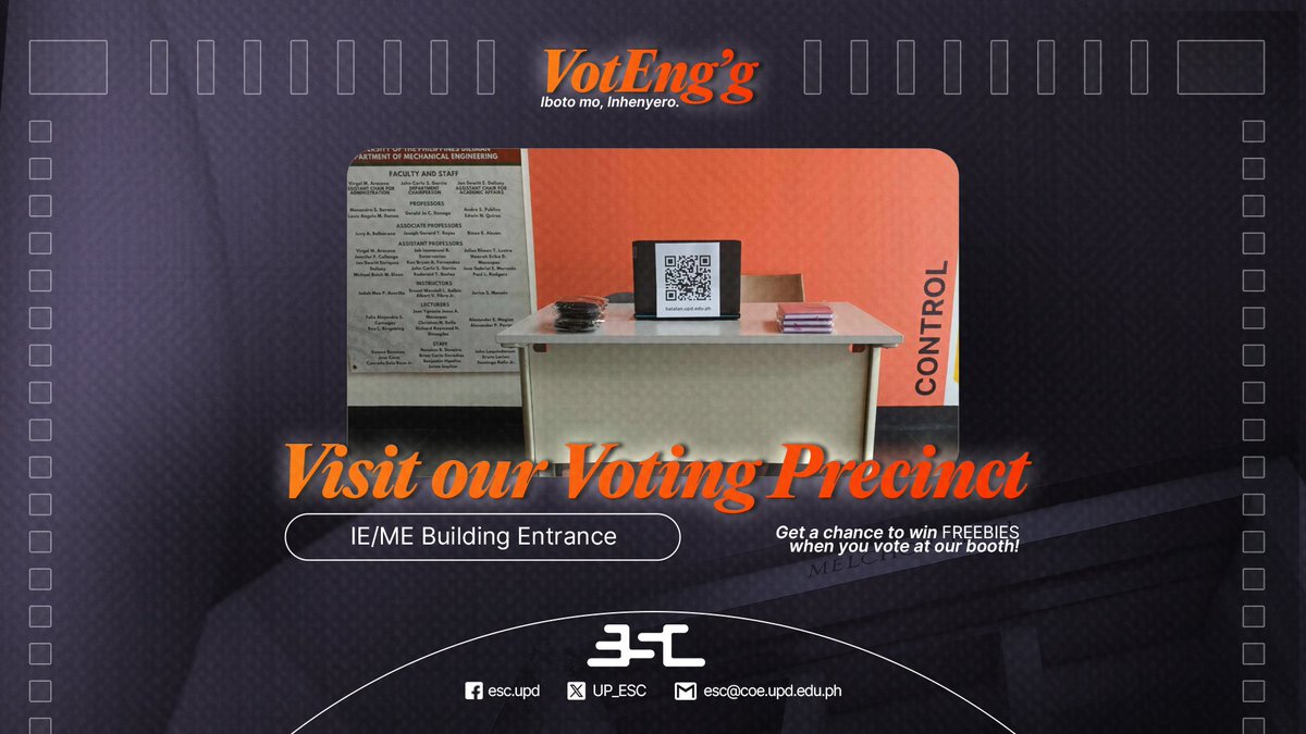 [VOTENG'G: F2F PRECINCTS]

The USC and ESC Elections is still ongoing and its voting channel is still open which can be accessed through halalan.upd.edu.ph (log in using your UP mail).

Get a chance to win FREEBIES when you vote at our booth! Catch us here now!

#VotEngg