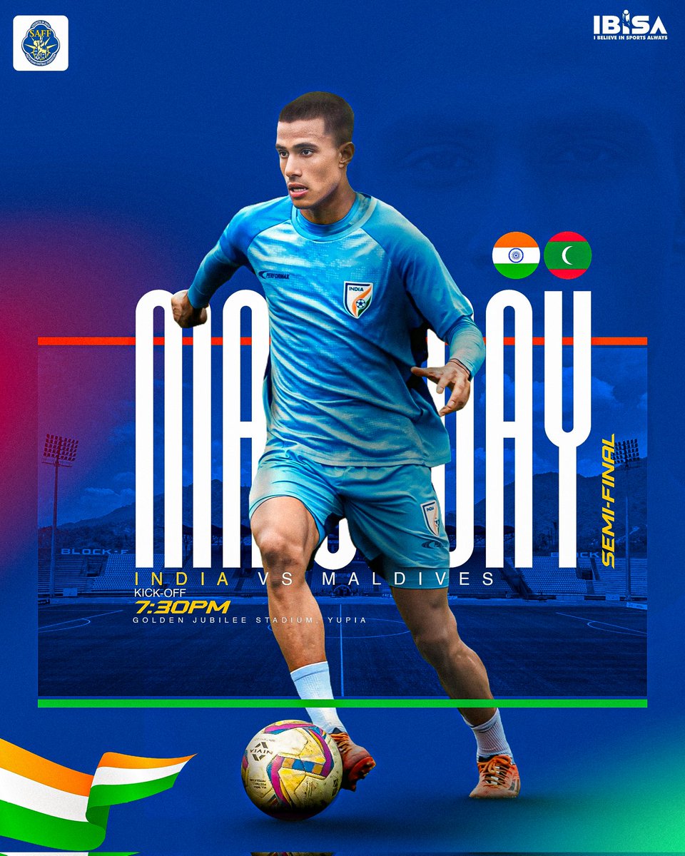 ibisasports's tweet photo. 𝐌𝐚𝐭𝐜𝐡 𝐃𝐚𝐲 ⚔️
Wishing our athlete, Shami Singamayum all the best as @IndianFootball will lock horns with Maldives in the Semi Final of U-19 Saff Cup. 💪
🗓️:16th May,2025
🕖:7.30 pm (IST)
#Ibisa #ibisasports #IndianFootball #SaffCup https://t.co/87HZJIGfuf
