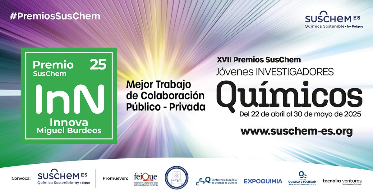 Si has desarrollado un trabajo de colaboración público-privada en #QuímicaSostenible, con resultados en los 3 últimos años, ¡la categoría #Innova - Miguel Burdeos de los #PremiosSusChem es para ti!

👩‍🔬⚗️🧪 Consulta las bases 2025 y gana el premio👉 bit.ly/3d3HzHv
