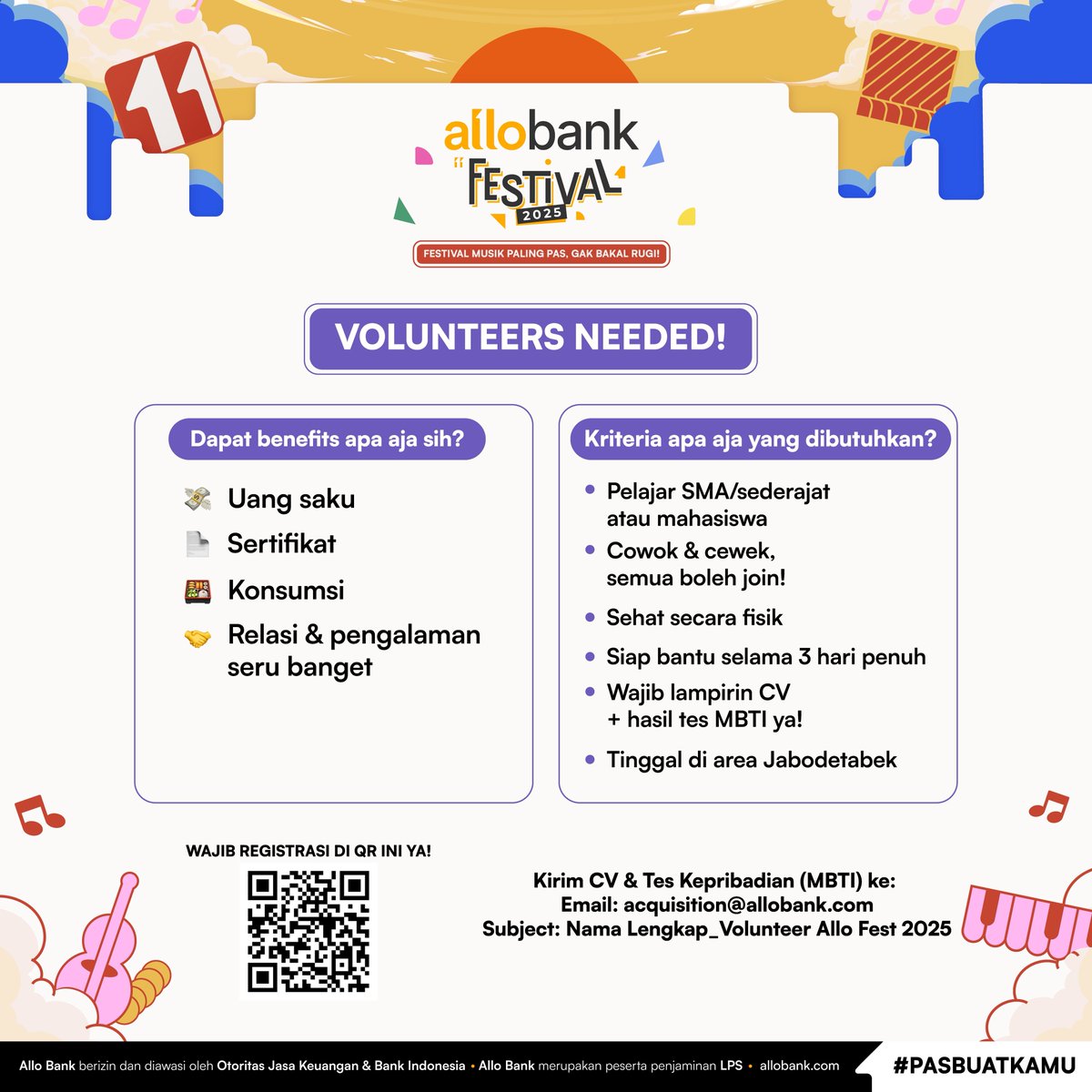 AlloBankID's tweet photo. Kita mau KAMU! 😍🫵🏻

Iya, kamu yang lagi scroll X dan cari pengalaman baru 😆
Minlo lagi cari Volunteer buat jadi bagian dari Allo Bank Festival 2025 Jakarta, nih! 

Yuk, cek informasi detailnya dibawah ya! 👇🏼💛

#AlloBankFestival2025
#Jakarta
#PasBuatKamu https://t.co/2g2R3vIUR4