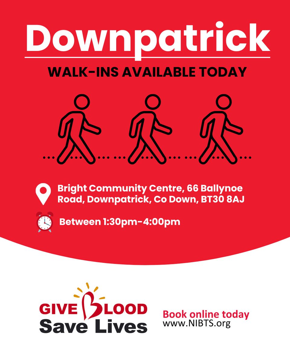 NI Blood Transfusion (@givebloodni) on Twitter photo πΆββοΈπΆββοΈ Walk-ins to give blood are welcome today in Downpatrick between 1:30pm-4:00pm. Evening fully booked! Start the weekend right, save 3 lives! π©Έβ€
π - Bright Community Centre, 66 Ballynoe Road, Downpatrick, Co Down, BT30 8AJ
#GiveBlood #SaveLives #NorthernIreland #Walkin πΆββοΈπΆββοΈ Walk-ins to give blood are welcome today in Downpatrick between 1:30pm-4:00pm. Evening fully booked! Start the weekend right, save 3 lives! π©Έβ€
π - Bright Community Centre, 66 Ballynoe Road, Downpatrick, Co Down, BT30 8AJ
#GiveBlood #SaveLives #NorthernIreland #Walkin