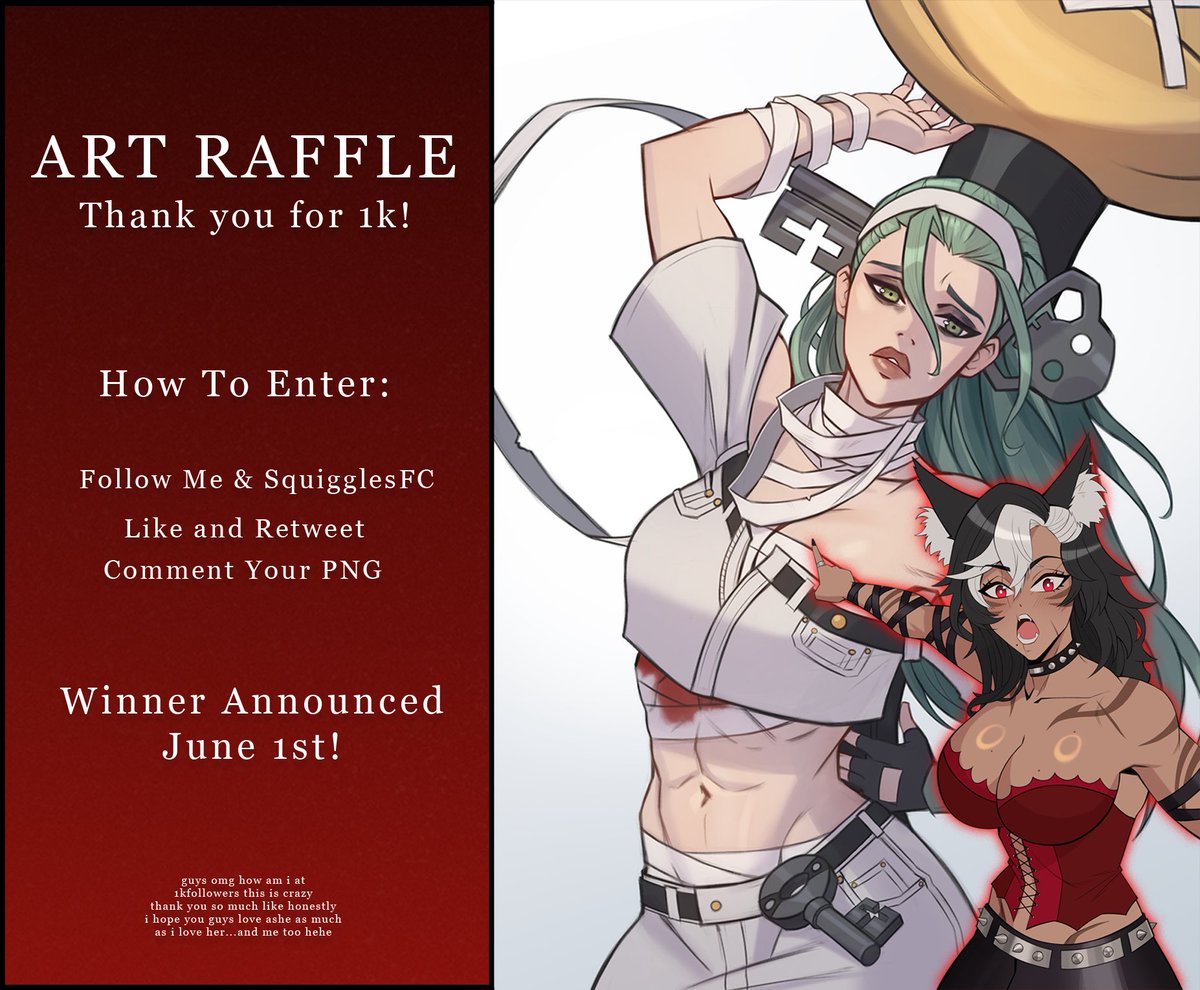 AsheGraysonVT's tweet photo. As a thank you for 1k followers I’ve teamed up with my very good friend to do an art giveaway! >w<  

🖤 One winner will get a half body skeb like shown 
🖤 One winner will get a silly doodle from me :’)

🩸 Giveaway Winner Will Be Announced June 1st 🩸

🥀 How To Enter: 🥀
🐺 Follow @AsheGraysonVT  & @SquigglesFC 
🐺 Like & Retweet ❤️🔁
🐺 Comment Your PNG! (𝘪𝘧 𝘪𝘵𝘴 𝘢 𝘴𝘦𝘤𝘳𝘦𝘵 𝘺𝘰𝘶 𝘤𝘢𝘯 𝘋𝘔 𝘮𝘦 𝘣𝘶𝘵 𝘮𝘢𝘬𝘦 𝘴𝘶𝘳𝘦 𝘺𝘰𝘶 𝘴𝘢𝘺 𝘺𝘰𝘶 𝘵𝘩𝘢𝘵 𝘪𝘯 𝘤𝘰𝘮𝘮𝘦𝘯𝘵𝘴!)