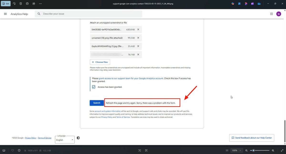 Hello <a href="/googleanalytics/">Google Analytics</a>, 

We facing the issue when submitting the below form. Please check.

support.google.com/analytics/cont…