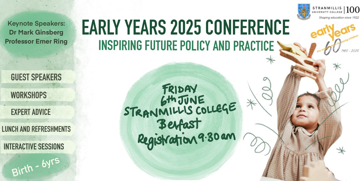 EARLY YEARS 2025 CONFERENCE REGISTER NOW 
6th June Stranmillis College Belfast 

Early bird offer extended to Friday 23rd May!

Eventbrite registration link: lnkd.in/e3kd8Azi