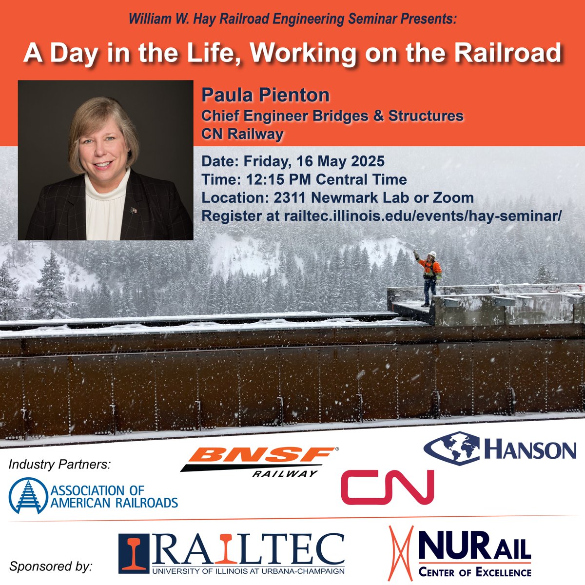 Join us today for the William W. Hay Railroad Engineering Seminar "A Day in the Life, Working on the Railroad" by Paula Pienton (CN).

Register at railtec.illinois.edu/events/hay-sem…