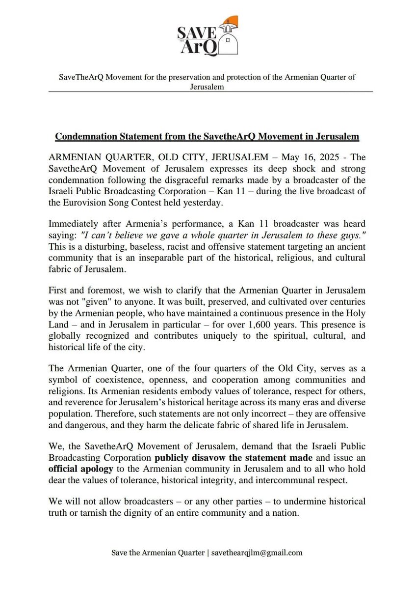 PRESS RELEASE: Official Statement by Save The ArQ Regarding Last Night’s Racist Eurovision Commentary by a Broadcaster of the Israeli Channel Kan 11
