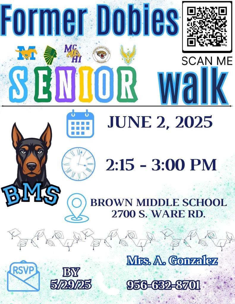 HS Seniors, are you a former Doberman? Sign up for our Senior Walk happening June 2nd @ 2:15 PM. Make sure to wear your cap &amp; gown. You can RSVP with Mrs. Gonzalez or by scanning the QR code. Hope to see you here! #LeadersofthePack