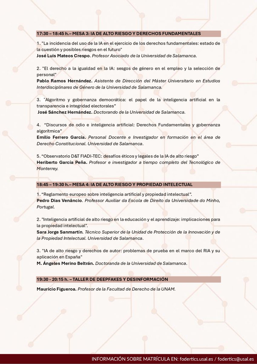 Ya tenemos programa de este XIV FODERTICS sobre sistemas de IA de alto riesgo, que se celebrará los días 29 y 30 de mayo en la Facultad de Derecho de la USAL ¡No os lo perdáis!🤖⚖️#FODERTICS14
Inscripciones en: vaporetto.usal.es/preactform/det…
<a href="/usal/">Universidad de Salamanca</a> <a href="/FacDerechoUsal/">Facultad de Derecho</a> <a href="/febuma/">Federico Bueno de Mata</a>