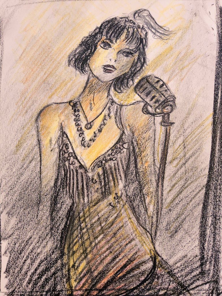 PmSavard's tweet photo. Chanteuse de jazz cabaret
Crayons graphites,  de couleurs et Crayons chinois sur papier canson
60$ disponible 

#artiste

#dessin

#illustration

#crayon

#arttraditionnel

#pastelart

#croquis

#artvisuel

#artcontemporain

#années20

#flappergirl

#cabaret

#jazzart https://t.co/Jp57fmbHYQ