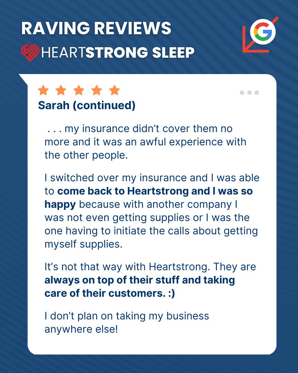 heartstrongzzzz's tweet image. Happy Fan-Friday from Heartstrong Sleep!

Today, we’re thrilled to share a standout review! This is one of the top-5 responses we often hear from patients who switch to us for CPAP therapy and resupply.

#sleepapnea #cpap #sleeptest #snoring #health #sleep #sleepawareness