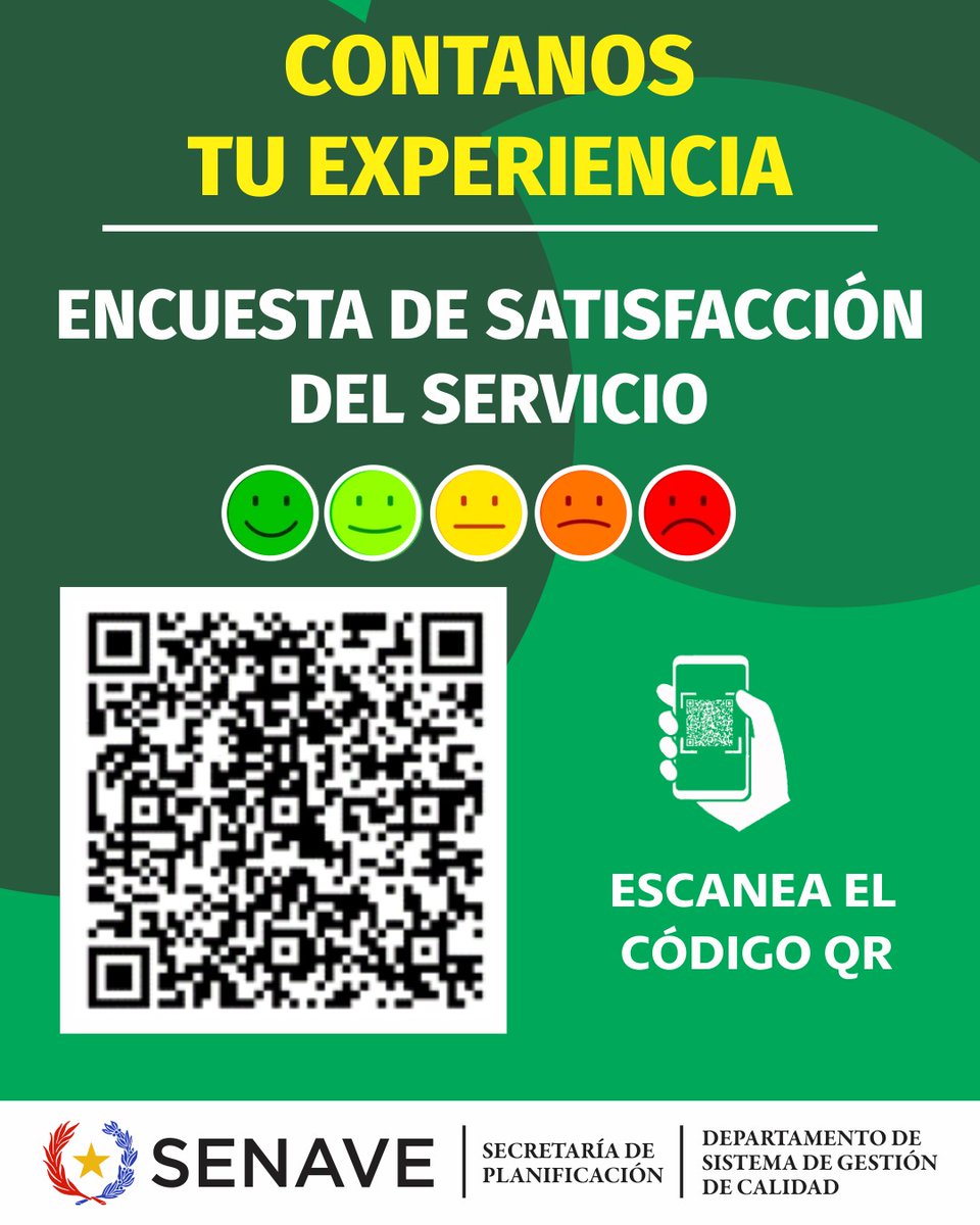 ✅Sr. Usuario: Con el objetivo de seguir mejorando nuestros servicios, queremos conocer tu experiencia y grado de satisfacción con nosotros a través de esta encuesta digital.

🔸Accede al cuestionario en este enlace: shorturl.at/Z93kx

o escanea el Código QR

#SENAVE