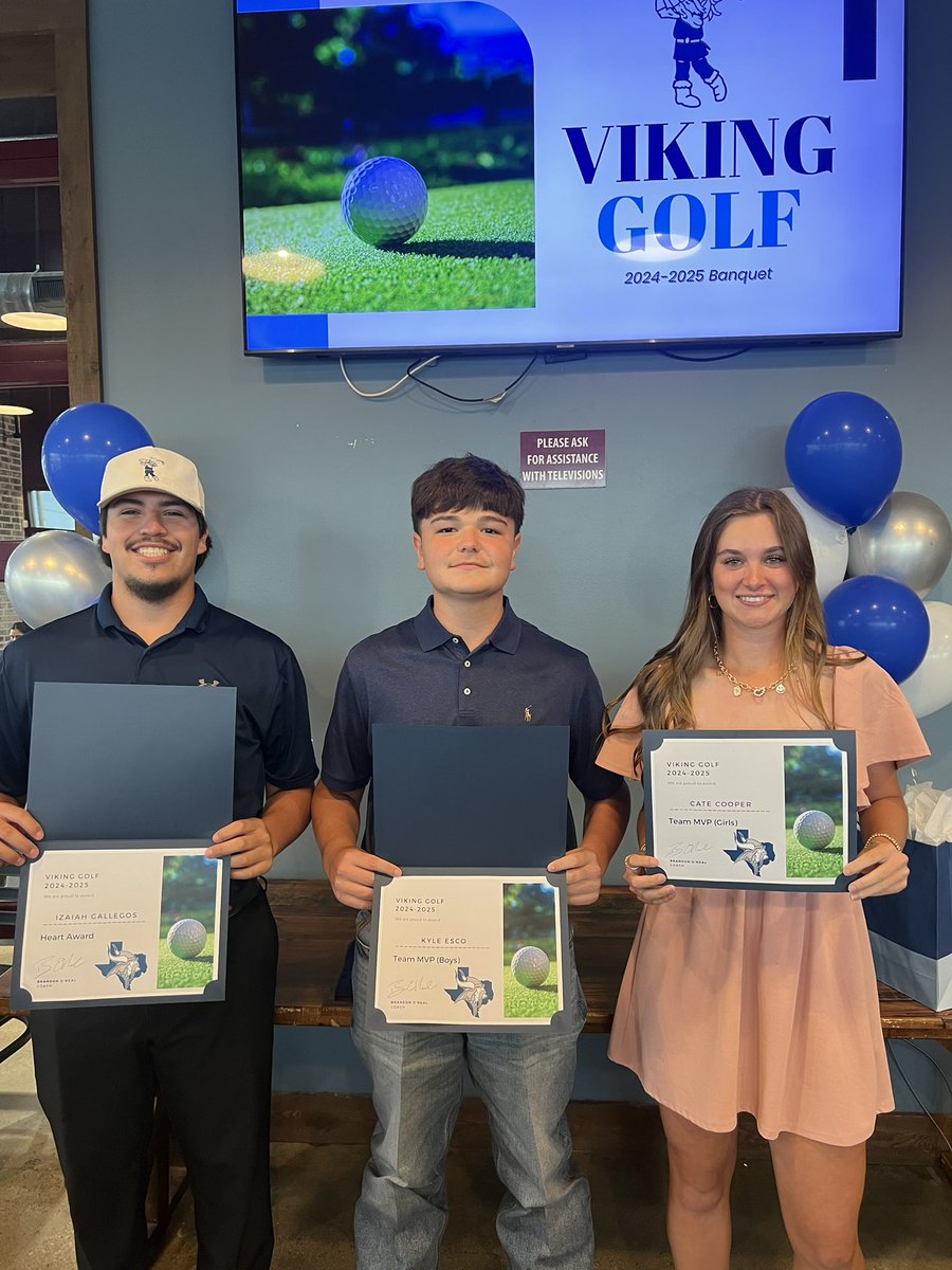 BryanVikingGolf's tweet photo. Last night we celebrated our great season! We will miss our seniors! Team awards included: Most Improved Scoring-Payton Obanion, Heart Award-Izaiah Gallegos, Team MVP Boys-Kyle Esco, Team MVP Girls-Cate Cooper. This team was special. We are so proud of what y’all accomplished! ✌🏼 https://t.co/LGqvJTbPoG