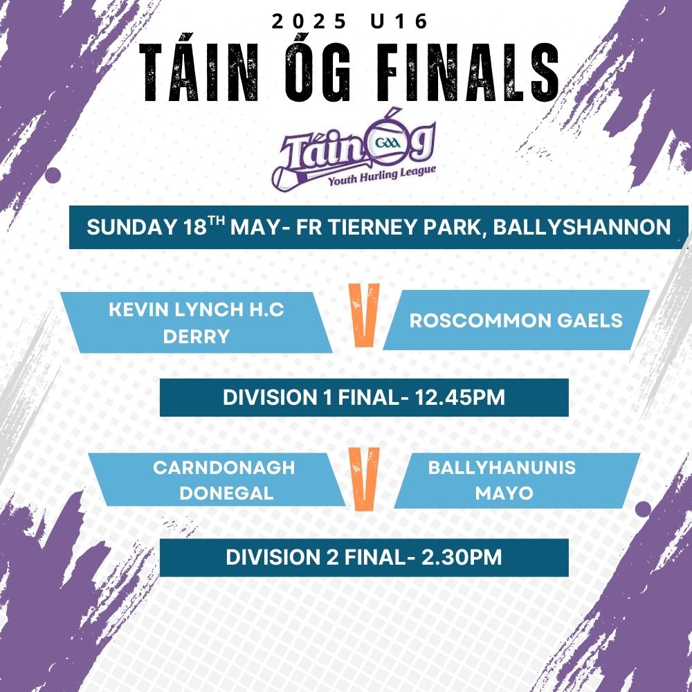 TĂĄin Ăg Hurling League (@tain_og) on Twitter photo This Sunday we have U16 TĂĄin Ăg Finals in Fr. Tierney Park in Ballyshannon.
<a href="/KevinLynchHC/">Kevin Lynch HC</a> take on <a href="/RoscommonGaels/">Roscommon Gaels</a> in the D1 Final at 12.45pm
<a href="/CarnGaa/">CLG Carndonagh</a> take on <a href="/BallyhaunisGAA/">Ballyhaunis GAA & LGFA đŽâ«ïž</a> in the D2 Final at 2.30pm
We'll have match highlights and reaction next week! This Sunday we have U16 TĂĄin Ăg Finals in Fr. Tierney Park in Ballyshannon.
<a href="/KevinLynchHC/">Kevin Lynch HC</a> take on <a href="/RoscommonGaels/">Roscommon Gaels</a> in the D1 Final at 12.45pm
<a href="/CarnGaa/">CLG Carndonagh</a> take on <a href="/BallyhaunisGAA/">Ballyhaunis GAA & LGFA đŽâ«ïž</a> in the D2 Final at 2.30pm
We'll have match highlights and reaction next week!