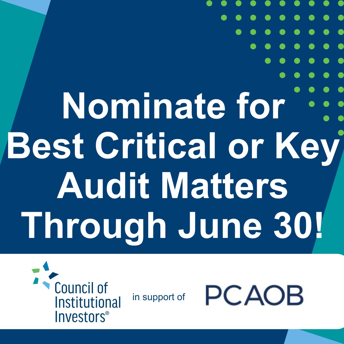 Council of Institutional Investors (@councilinstinv) on Twitter photo 🏆 Submit nominations by June 30 for <a href="/PCAOB_News/">PCAOB_News</a>’s Best Critical or Key Audit Matters! This recognizes the most decision-useful critical audit matter (CAM) or key audit matter (KAM) disclosures in public companies’ audit reports included in the 2024 Form 10-Ks and Form 20-Fs. 🏆 Submit nominations by June 30 for <a href="/PCAOB_News/">PCAOB_News</a>’s Best Critical or Key Audit Matters! This recognizes the most decision-useful critical audit matter (CAM) or key audit matter (KAM) disclosures in public companies’ audit reports included in the 2024 Form 10-Ks and Form 20-Fs.