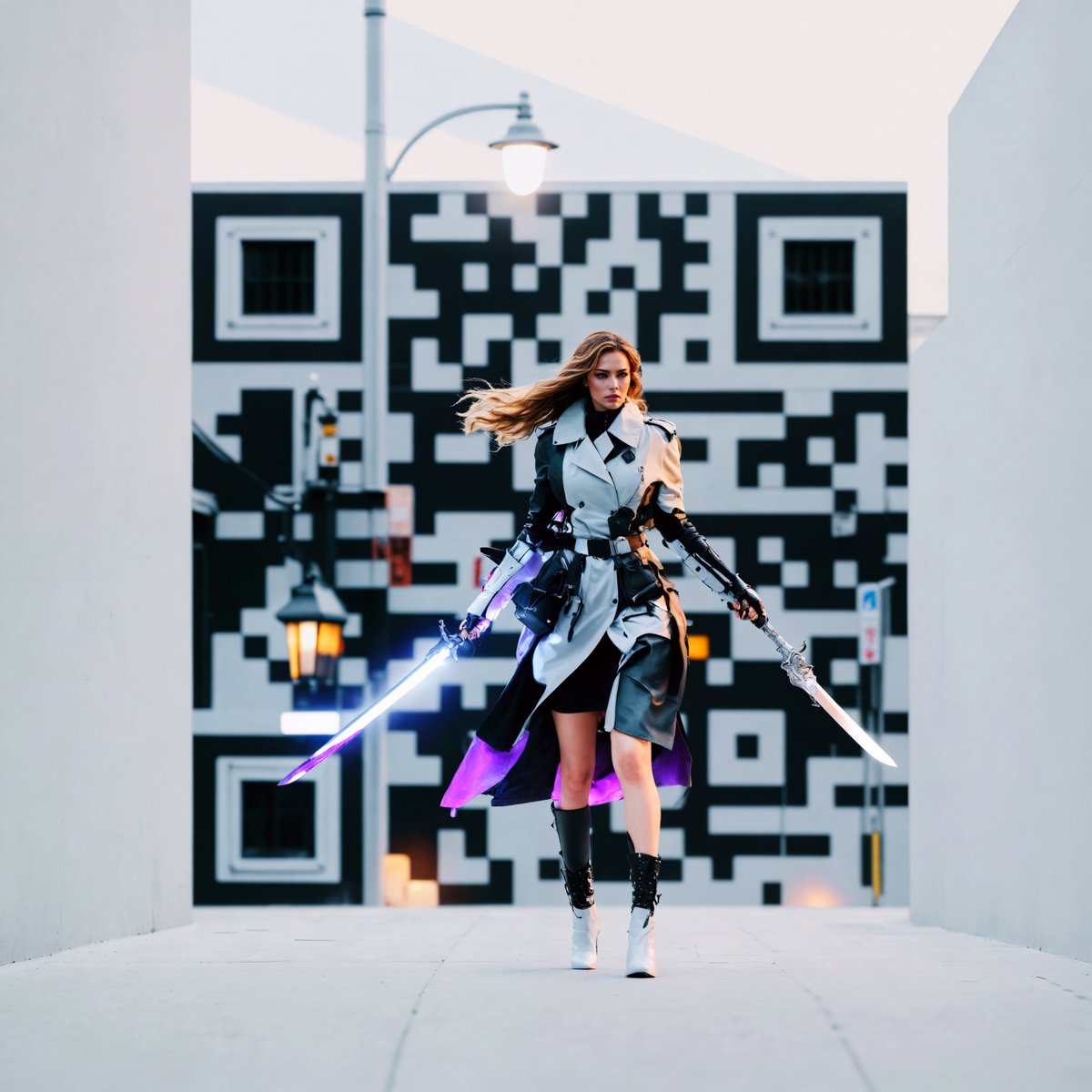 AiQArt prompt:
"A high-fashion warrior with flowing hair and glowing swords, striding confidently in a futuristic city with buildings covered in QR code patterns, dramatic evening lighting, captured in a cinematic 4k resolution."

Try for free now!
lockchain.ca/ai 
#qr