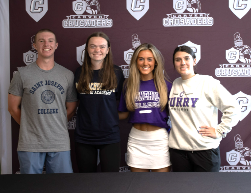 Carverschoolsma's tweet photo. Congrats to Crusader athletes: Finn Manning, Sarah Newell, Paige Medico and Sarah Stairs who were celebrated at Senior Signing Day where they confirmed their intent to continue in athletics at Stonehill, Mass Maritime, St. Joseph's, and Curry colleges! https://t.co/JUDejVNhag https://t.co/xo7aGB5Q46
