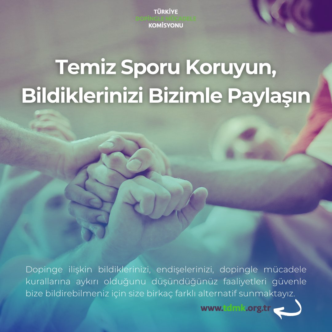 Türkiye Dopingle Mücadele Komisyonu/Turkish NADO (@tdmk_org_tr) on Twitter photo ▶Temiz spor ortamının korunabilmesi için gördüklerinizi, bildiklerinizi bizimle paylaşabilir, dopingle mücadele çalışmalarımıza katkı sağlayabilirsiniz. 🤝
📨ihbar@tdmk.org.tr e-posta adresinden veya ➡tdmk.org.tr ana sayfasında yer alan "bize mesajınızı ulaştırın" ▶Temiz spor ortamının korunabilmesi için gördüklerinizi, bildiklerinizi bizimle paylaşabilir, dopingle mücadele çalışmalarımıza katkı sağlayabilirsiniz. 🤝
📨ihbar@tdmk.org.tr e-posta adresinden veya ➡tdmk.org.tr ana sayfasında yer alan "bize mesajınızı ulaştırın"