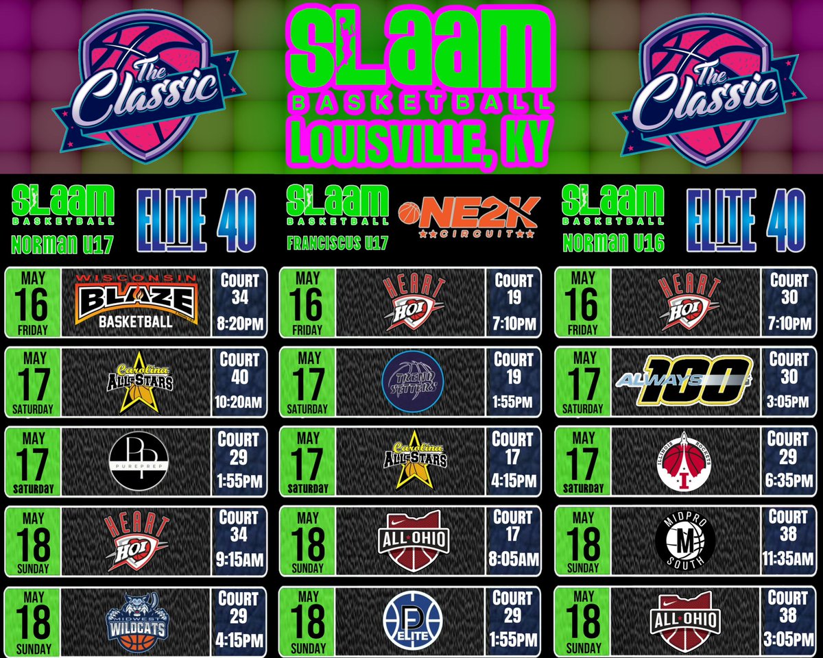 🏀 SLAAMFam, it’s GO TIME! The E40 &amp; NE2K circuits are kicking off this weekend in Louisville, and our squads are ready to compete! 🔥 <a href="/Slaam26Norman/">SLAAM26NORMAN</a>, <a href="/SLAAM27Norman/">SLAAM27Norman</a>, and <a href="/SlaamFran26/">SLAAM 26 Franciscus</a> are bringing the heat to The Classic in Louisville, KY! Check the schedule and let’s make some