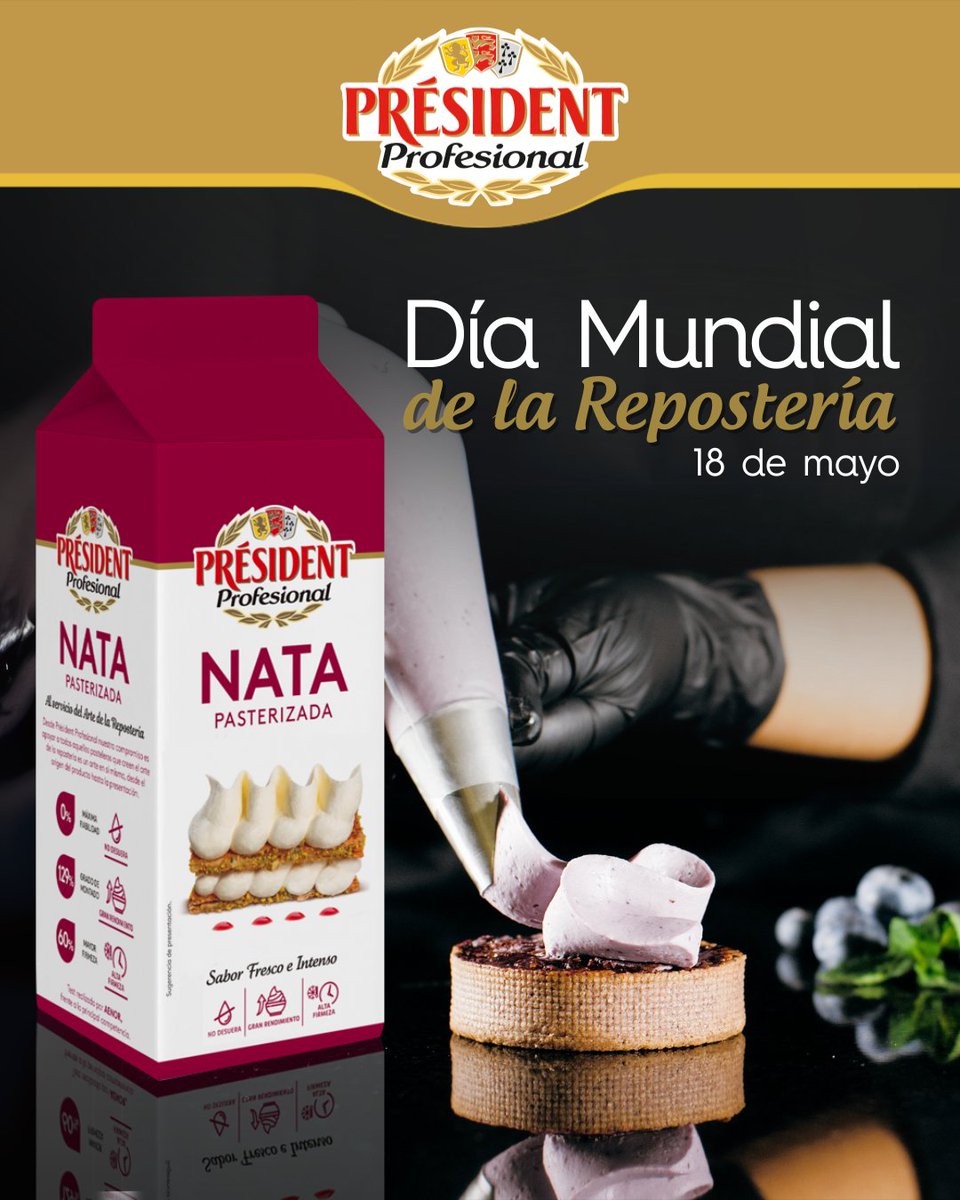🎂✨ 18 de mayo – #DíaMundialDeLaRepostería ✨🎂
Hoy celebramos a los profesionales que convierten la repostería en arte.🍰
Y en Président Profesional, lo hacemos como mejor sabemos: con nata que responde siempre.
 #PresidentProfesional #NataPasteurizada #AltaRepostería