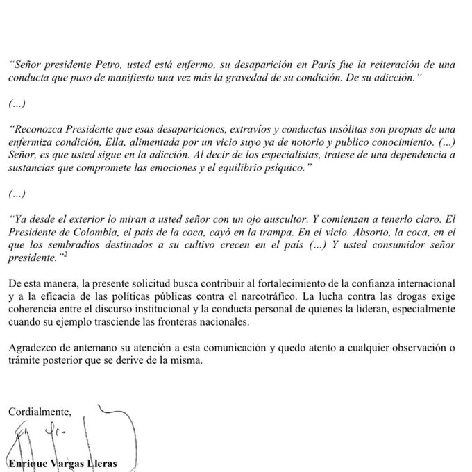 GermanRSenador's tweet photo. 🚨🇺🇸🇨🇴 Enrique Vargas Lleras envió una carta al senador Marco Rubio solicitando que EE. UU. exija un examen médico al presidente Gustavo Petro.

Quiere que se determine si tiene algún tipo de ADICCI��N a las drogas, en el marco de la certificación antidrogas a Colombia. https://t.co/wS2FmTUIeb