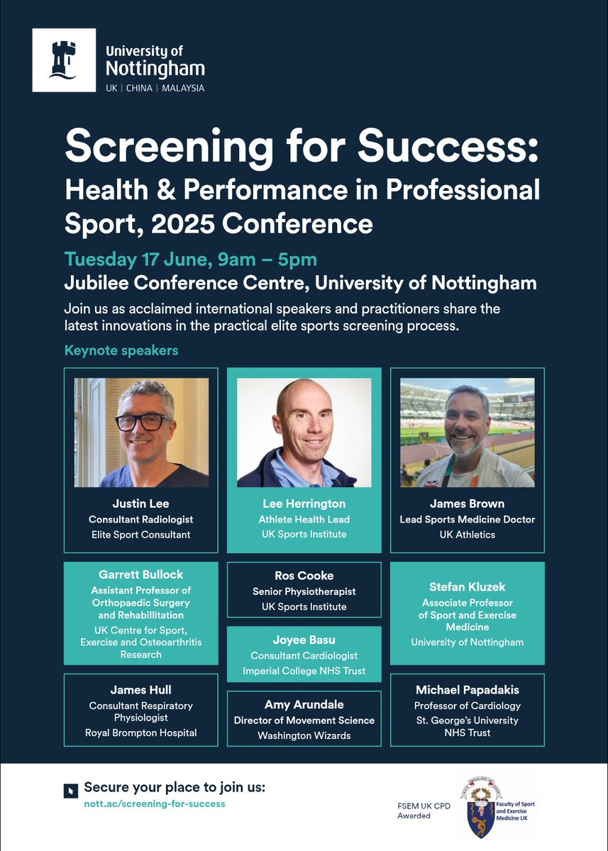 British Journal of Sports Medicine (BJSM) (@bjsm_bmj) on Twitter photo 📢 #EventAnnouncement Screening for Success: Health & Performance in Professional Sport 2025 Conference
🗓️ 17th June 2025
📍 University of Nottingham
🏆 5 CPD points awarded by <a href="/FSEM_UK/">Faculty of Sport and Exercise Medicine UK</a>
✅ BJSM Approved
ℹ️ Register today nott.ac/screening-for-…
This one-day event brings 📢 #EventAnnouncement Screening for Success: Health & Performance in Professional Sport 2025 Conference
🗓️ 17th June 2025
📍 University of Nottingham
🏆 5 CPD points awarded by <a href="/FSEM_UK/">Faculty of Sport and Exercise Medicine UK</a>
✅ BJSM Approved
ℹ️ Register today nott.ac/screening-for-…
This one-day event brings