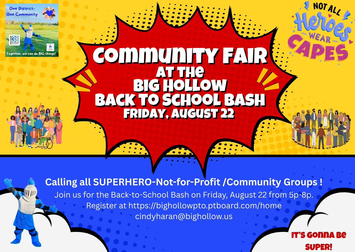 Are  you member of a SUPERHERO Community Group/Not-for-profit?  Join us at the BASH to spread the word about your group's SUPERPOWERS!!!

Reach THOUSANDS of Western Lake County Residents!  

Details &amp; registration bighollowpto.ptboard.com/formvw/store?s…

Together, we can do BIG things!
