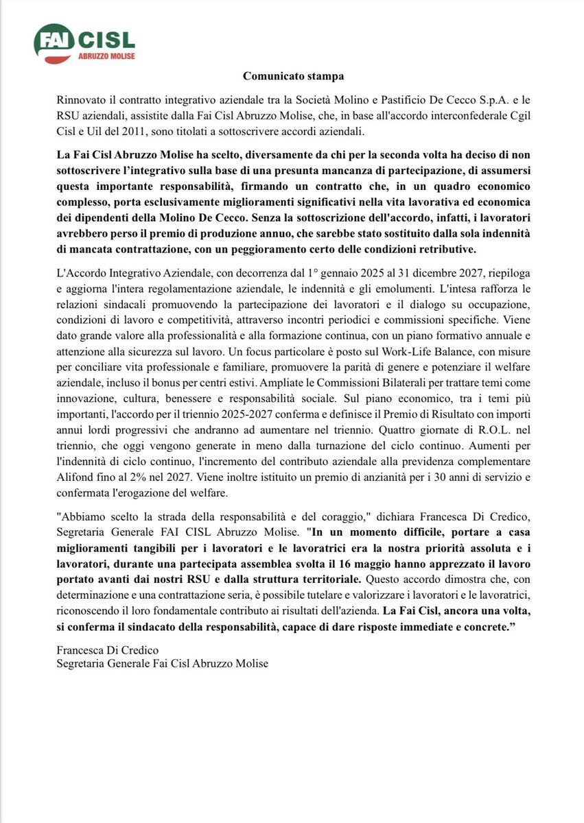 faicislabrmol's tweet photo. Rinnovato l'accordo integrativo Molino De Cecco 2025-2027! Grazie alla Fai Cisl e ai suoi RSU è stato sottoscritto un ottimo accordo per i dipendenti: aumento Premio Risultato, R.O.L. aggiuntive, più contributo a pensione complementare &amp; misure conciliazione vita-lavoro. https://t.co/bZgJNHSbnw
