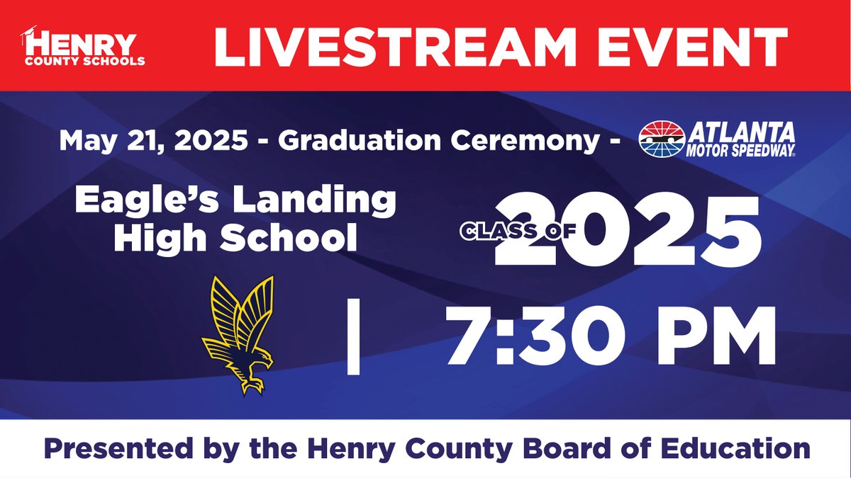 Eagle's Landing High School continues HCS graduation season at Atlanta Motor Speedway on Wednesday at 7:30 p.m. For those unable to celebrate the Class of 2025 in person, follow along via livestream at the link below.
🎥:  youtube.com/live/wxDr65F4o…
#WinningforKids #HenryProud