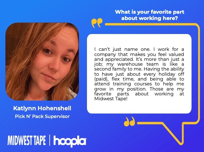 ⭐ Employee Spotlight ⭐
Meet Katlynn Hohenshell, Pick n’ Pack Supervisor at Midwest Tape | Hoopla Digital! 📦