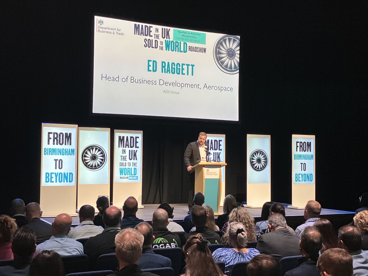 ADSgroupUK's tweet image. ⚙️✈️ We celebrated UK manufacturing excellence at the '#MadeintheUK, Sold to the World' roadshow in Birmingham this week. 

ADS' Head of Business Development, Edward Raggett, highlighted the contribution our sectors make, including £38.7bn in exports, during his talk.