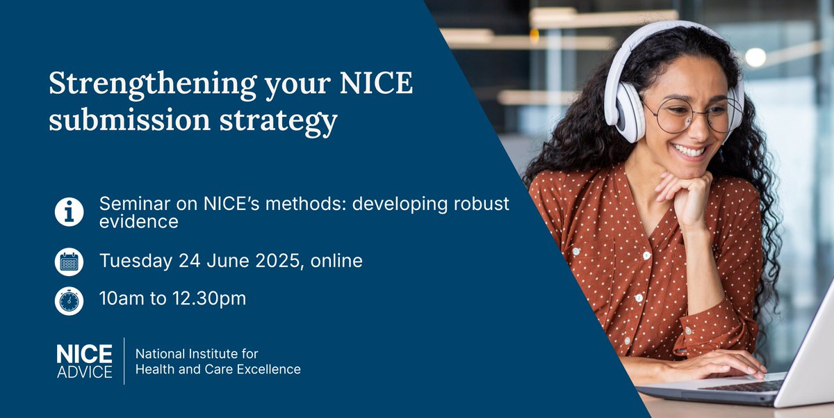 NICE (@nicecomms) on Twitter photo Join our NICE Advice seminar (24 June) for pharma teams and consultancies, to strengthen your submission strategy.
Learn about:
▪️real-world data & AI
▪️health inequalities
▪️presenting surrogate outcomes.
Develop stronger evidence with expert support⤵️
eventbrite.co.uk/e/strengthenin… Join our NICE Advice seminar (24 June) for pharma teams and consultancies, to strengthen your submission strategy.
Learn about:
▪️real-world data & AI
▪️health inequalities
▪️presenting surrogate outcomes.
Develop stronger evidence with expert support⤵️
eventbrite.co.uk/e/strengthenin…