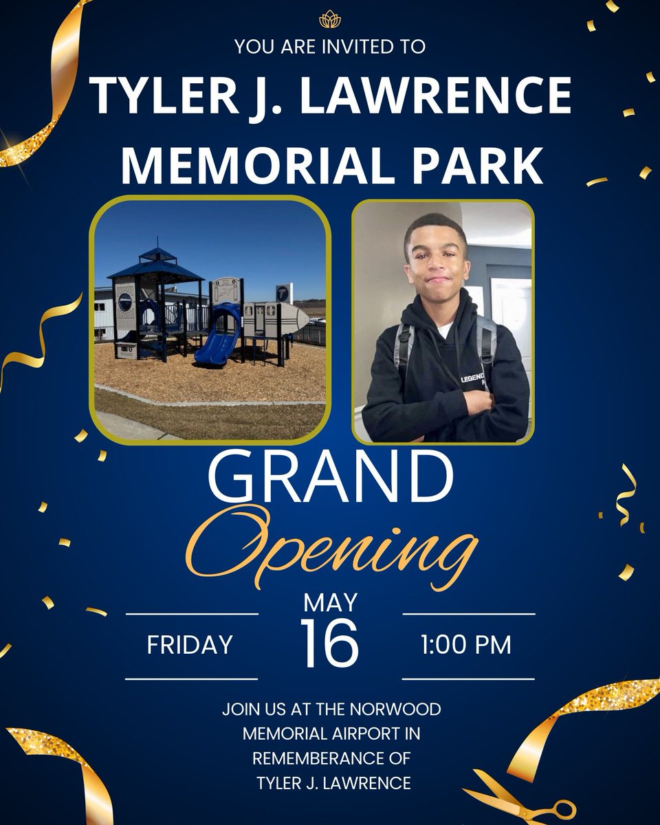 Join us today at 1:00PM, for the Grand Opening and Dedication of Tyler J. Lawrence Park at the Norwood Memorial Airport. Come celebrate this exciting new addition to our community with a special ceremony. We hope to see you there!