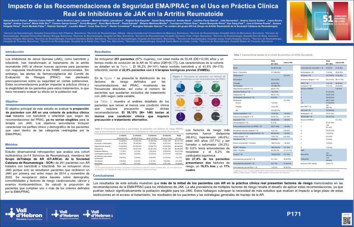 helena_borrell's tweet photo. 🔎Más de la mitad de los pacientes con AR tratados con JAKi en la práctica clínica real presentan factores de riesgo según PRAC @GrupARCat #SER2025 https://t.co/KZzsBd3Ddm