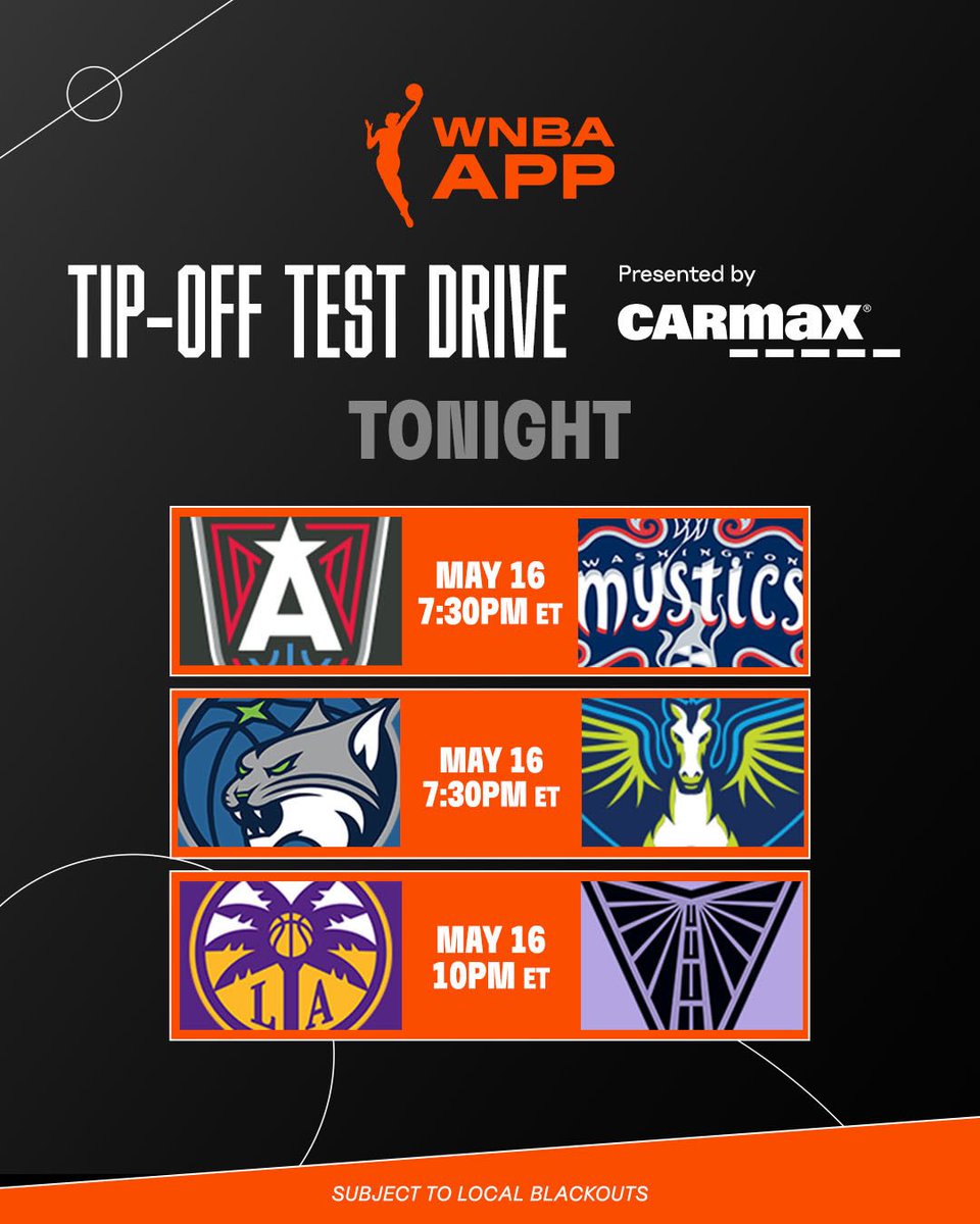 WNBA's tweet photo. First Day Slate 🤩

Season 29 starts with a triple-header:
Dream vs Mystics.
Lynx vs Wings.
Sparks vs Valkyries.

All unlocked on the WNBA App, courtesy of @CarMax

📲: https://t.co/X28eYQsbrr https://t.co/lnSf91sSzj