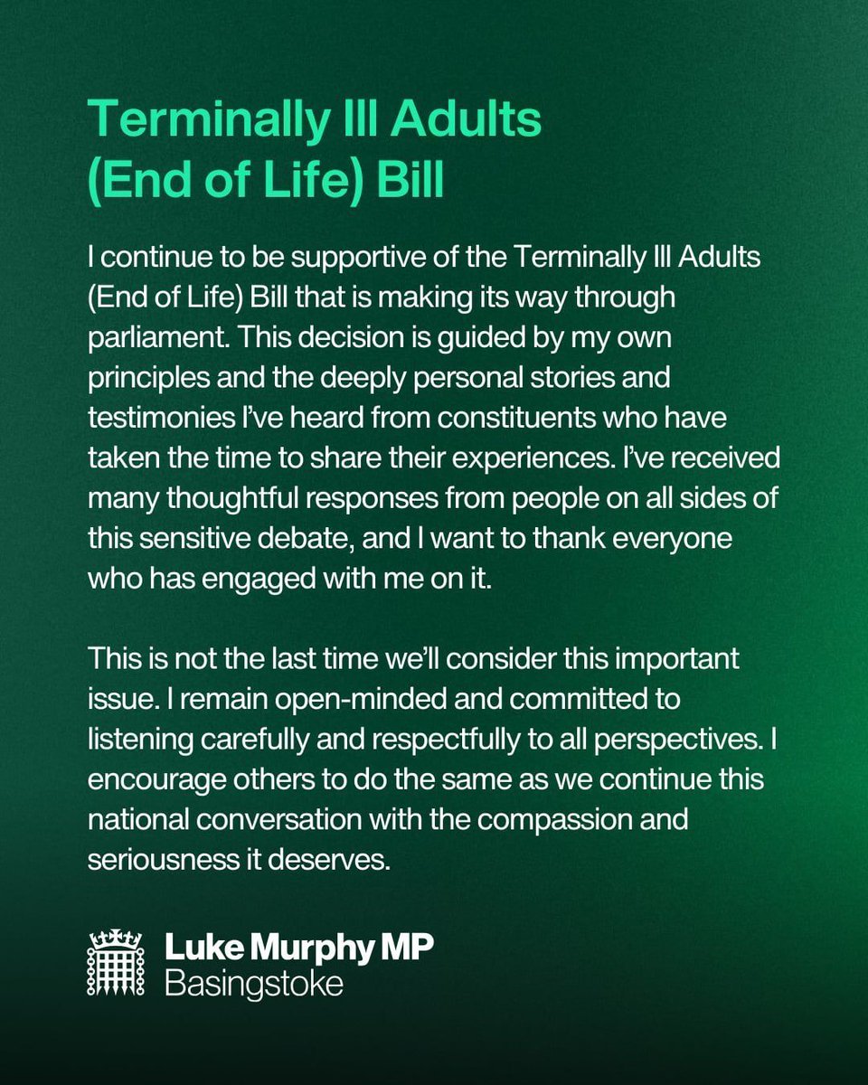 My position on the Terminally Ill Adults (End of Life) Bill following today’s report stage in the House of Commons.