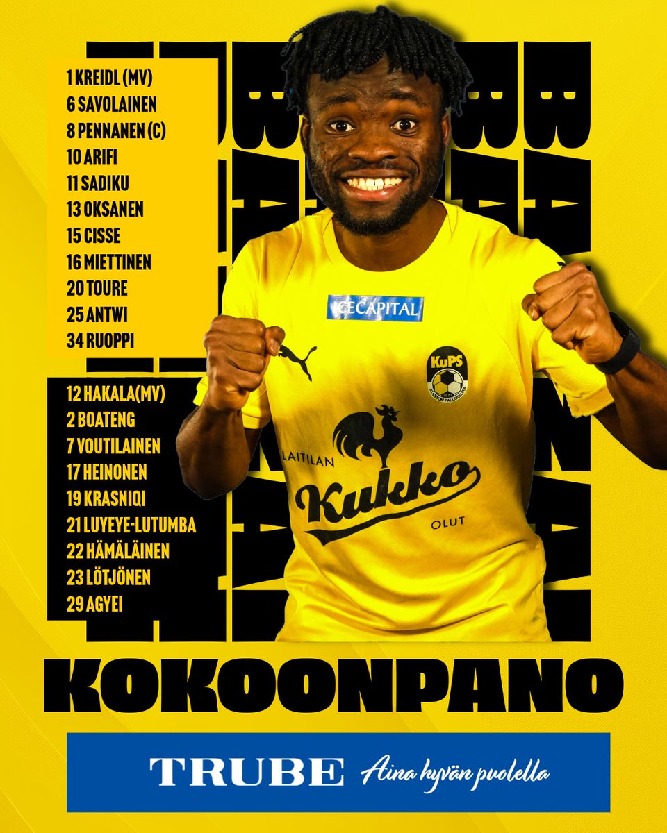 KuPS1923's tweet photo. KuPS tänään Valkeakoskella! 🟨⬛

🆚 FC Haka - KuPS
⚽️ Veikkausliiga
🕖 Pe 16.5. klo 20.00
🏟️ Tehtaan kenttä
📺 Ruutu+

🤝 Kokoonpanon tarjoaa Trube

#KuPS #Kuopio #Veikkausliiga #trube https://t.co/4JW7Dnt7jX