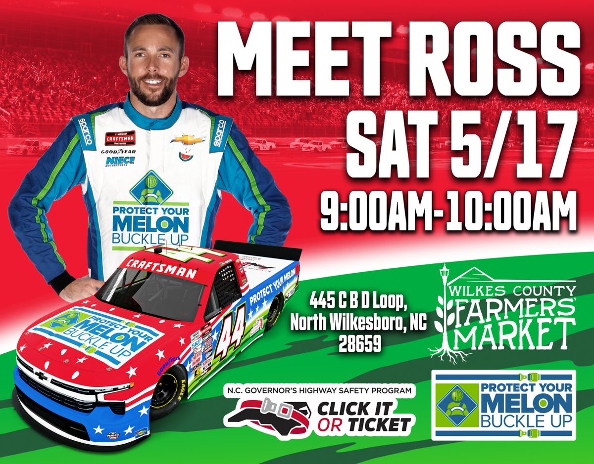 NC_GHSP (@nc_ghsp) on Twitter photo Tomorrow morning from 9-10 a.m., <a href="/RossChastain/">Ross Chastain</a> will be with GHSP at the Wilkes County Farmers Market signing autographs. Wristbands are required and will be distributed starting at 8:30 AM on Saturday! Stop by to meet Ross, grab an autograph, and learn more about safe driving. Tomorrow morning from 9-10 a.m., <a href="/RossChastain/">Ross Chastain</a> will be with GHSP at the Wilkes County Farmers Market signing autographs. Wristbands are required and will be distributed starting at 8:30 AM on Saturday! Stop by to meet Ross, grab an autograph, and learn more about safe driving.