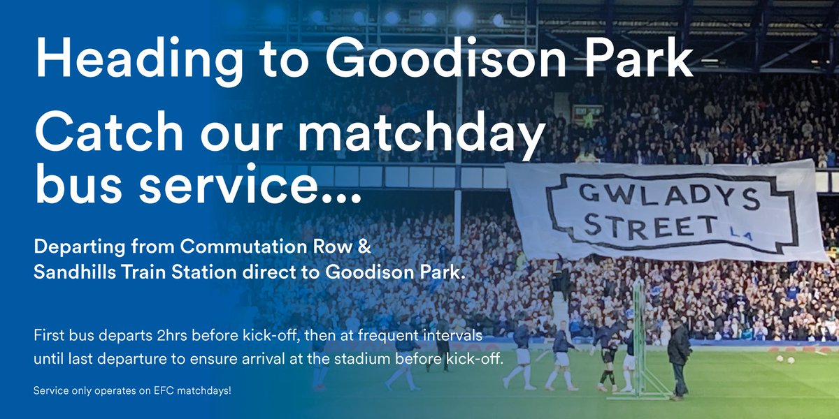 StagecoachMCSL (@stagecoachmcsl) on Twitter photo 🚍⚽ Off to the last match at #GoodisonPark on Sunday?
Our matchday buses start at 10am!
Catch yours from Commutation Row (#Liverpool City Centre) or Sandhills Station.
ℹ️ stge.co/3T6uVMm
<a href="/Merseytravel/">Merseytravel</a> <a href="/efc_fanservices/">Everton Fan Services</a> 🚍⚽ Off to the last match at #GoodisonPark on Sunday?
Our matchday buses start at 10am!
Catch yours from Commutation Row (#Liverpool City Centre) or Sandhills Station.
ℹ️ stge.co/3T6uVMm
<a href="/Merseytravel/">Merseytravel</a> <a href="/efc_fanservices/">Everton Fan Services</a>