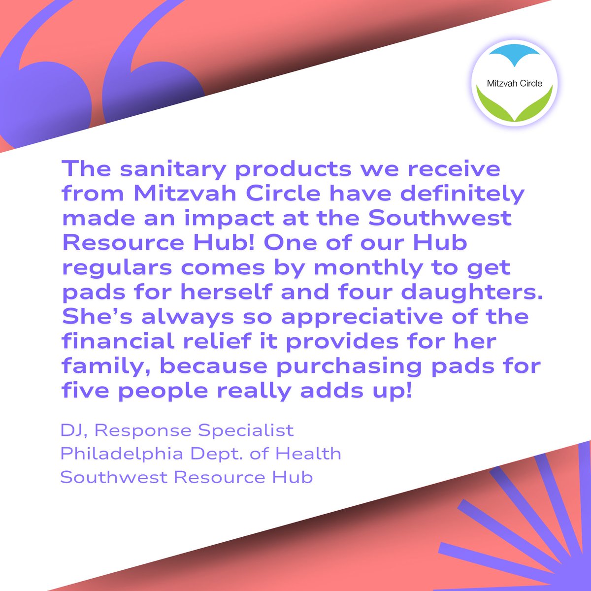 Our affiliate partners expand our impact by distributing free pads to Philadelphia neighborhoods and surrounding communities—here’s what DJ from the Southwest Resource Hub had to say:
